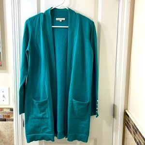Retrology open front knit cardigan. Teal w. pockets! Size small